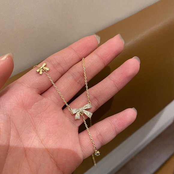 NEW Silver Gold Copper Zircon Bow Knot Tassel Necklace - Picture 8 of 9